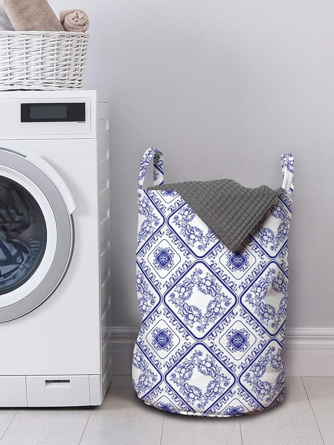 Ambesonne Floral Laundry Bag, Arts and Craft Theme Flower Pattern on Porcelain Inspired Texture Graphic Print, Hamper Basket with Handles Drawstring Closure for Laundromats, 13" x 19", Blue White