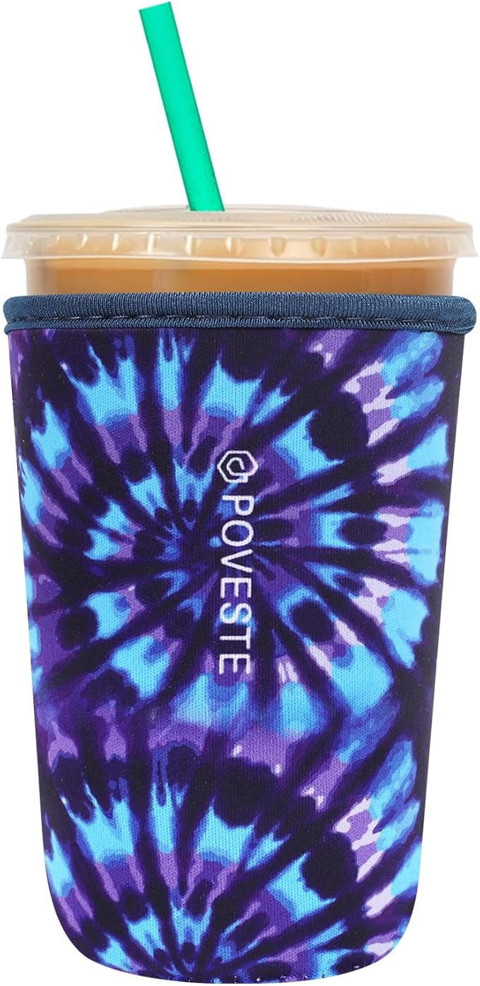 Reusable Neoprene Insulator Sleeve for Iced Coffee & Cold Soda, Coffee Sleeves for Iced & Hot Drinks, Cold Beverage Cooler Compatible with Starbucks, Dunkin (Tie dye World, Medium: 22-24oz)