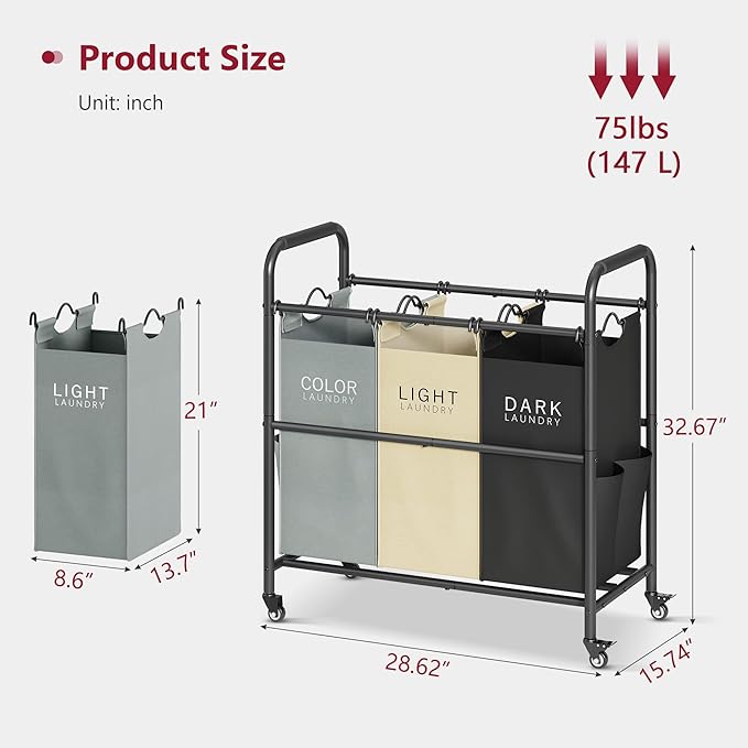 Tajsoon 3 Colors Laundry Sorter Cart Plus Beige Laundry Sorter Cart