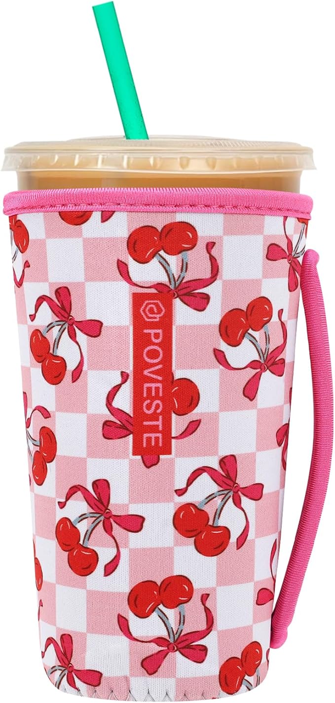 Reusable Neoprene Insulator Sleeve for Iced Coffee & Cold Soda, Coffee Sleeves for Iced & Hot Drinks, Cold Beverage Cooler Compatible with Starbucks, Dunkin (Bow&Cherry, Large: 32oz)