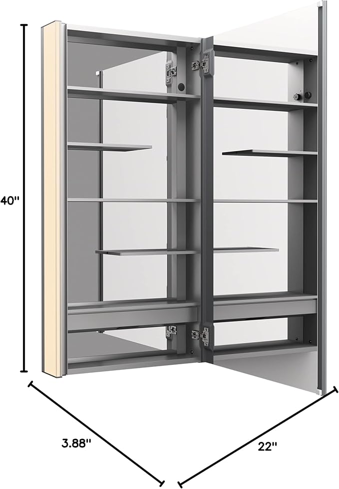 Kohler 81148-SLE-DA1 Maxstow Frameless Medicine Cabinet Mirror with Lights, LED Light, Mirror Door & Staggered Shelves, Rectangular Frame, 22 in. W x 40 in. H