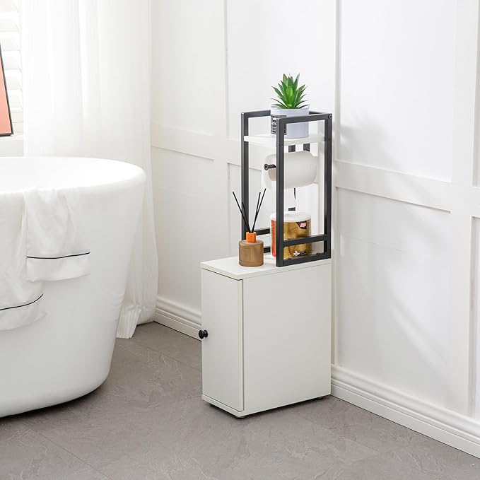 Small Bathroom Storage Cabinet, Narrow Side Bathroom Organizer w/Toilet Paper Roll Holder and Metal Frame, Slim Toilet Paper Storage Cabinet for Bathroom, White