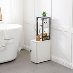 Small Bathroom Storage Cabinet, Narrow Side Bathroom Organizer w/Toilet Paper Roll Holder and Metal Frame, Slim Toilet Paper Storage Cabinet for Bathroom, White