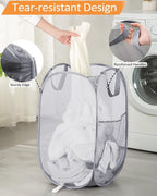 Durable Collapsible Laundry Baskets - Reinforced Mesh Pop Up Laundry Hamper with Pocket, Foldable Dirty Clothes Hamper with Carry Handles for Laundry, Bathroom, Kids Room, Dorm or Travel Pink+Grey