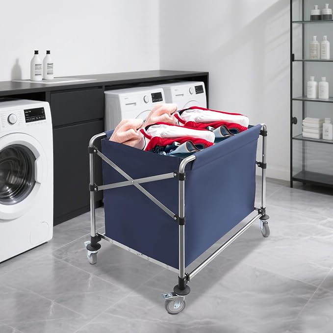 Commercial Laundry Cart with Wheels 220LBS Load Laundry Cart Rolling Laundry Basket with Removable Bag Foldable Laundry Sorter for Home, Hotel, Hospital (Blue)