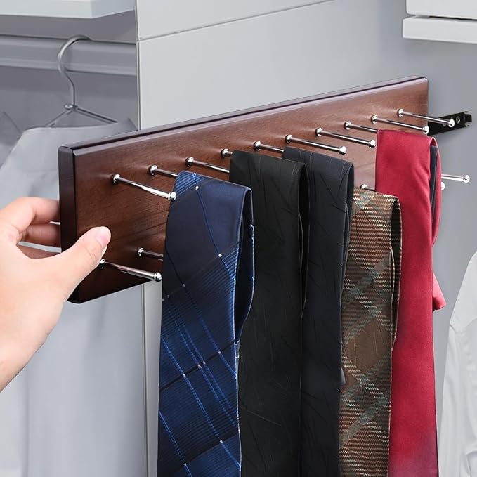 Wood Pull Out Belt Rack for Closet, 21 Tie Hanger Extending Sliding Tie Rack Hanger, Side Mount Sliding Rail Organizer Storage Rack Holder with 21 Hooks for Ties Scarves Belts Shawls, Wooden
