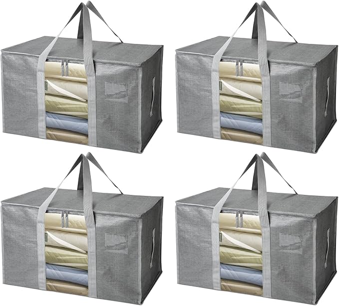 BALEINE 4-Pack Oversized Moving Bags with Reinforced Handles, Heavy-Duty Storage Tote Moving Supplies for Packaging, Camping (Gray w/Window, 4-Pack)