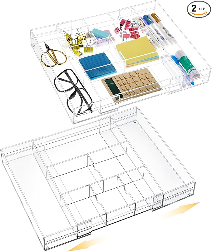 2 Pcs Acrylic Desk Drawer Organizer Maximum 12 x 18 x 2.1 Inch Expandable Drawer Organizer Trays with 8 Adjustable Compartments Desk Accessories for Makeup Silverware Office Bathroom