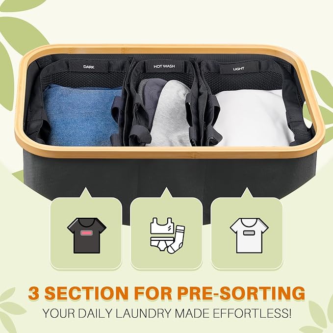 Laundry Hamper with Lid, 160L Dirty Clothes Hamper for Laundry Basket 3 Section, Extra Large Laundry Sorter Hamper 3 Compartment with Removable Inner Bags & Labels, Dark Grey