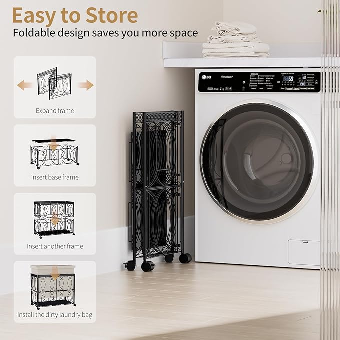 VIPLEO Laundry Hamper with 3 Section, Large 180L Rolling Laundry Basket with Wheels, Metal Heavy Duty Laundry Hamper with Detachable Bags, Dirty Clothes Hamper Organizer for Bedroom, Bathroom(Beige)