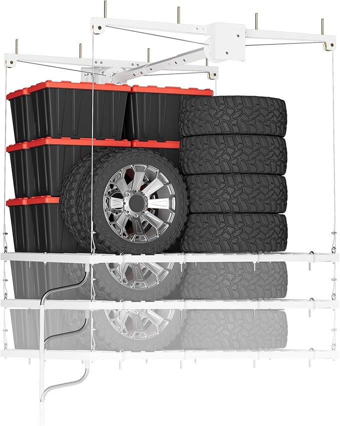 GAOMON Overhead Ceiling Storage Rack 4x4 ft,Heavy-Duty Carbon Steel Garage Lifting Rack with Manual Hand Crank, Adjustable Height, 350 Lbs Capacity, Maximizes Overhead Space for Garages, Basements