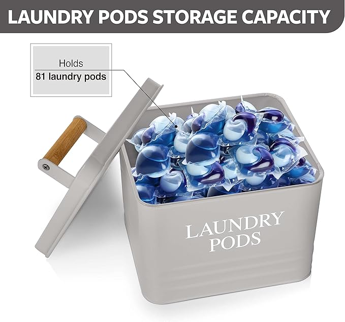 Calindiana Modern Farmhouse Metal Laundry Pods Holder Container with Lid for Laundry Room Decor and Accessories and Space Saving Laundry Room Organization and Storage, Holds 81 Laundry Pods, Grey