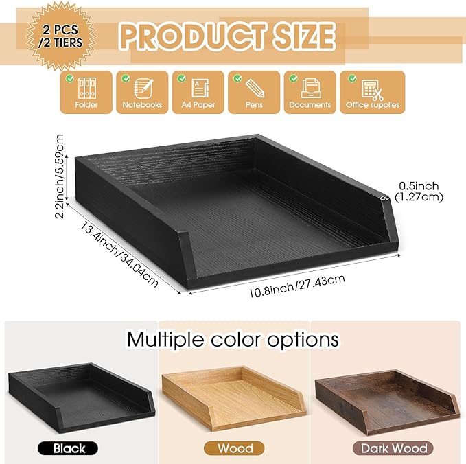 2 Pcs Wooden Letter Trays Wood Letter-Size Desk Organizer Heavy Duty 2 Tier Stackable Supports Paper Tray Desktop Drawer Organizer File Folder Magazine Office Accessories (Black)