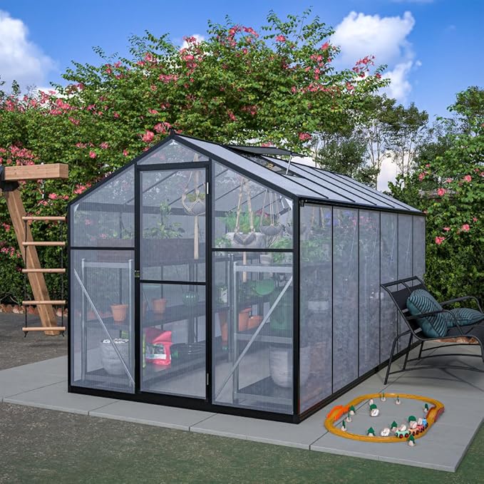 Outdoor Polycarbonate Greenhouse with Aluminum Frame, Walk-in Garden Green House Featuring Lockable Door, Adjustable Roof Vent, and UV-Protected Panels for Backyard or Patio Use (6x12 FT)