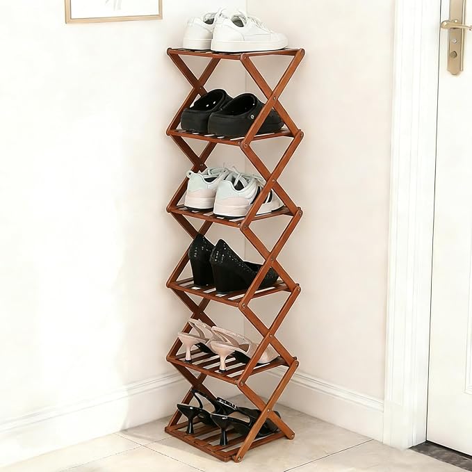 Bamboo Shoe Rack 6 Tier Foldable Shoe Rack Narrow Vertical Shoe Organizer Free Standing Shelf, Multifunctional Slim Storage for Entryway, Corner, Bedroom, Hallway, Walnut Color