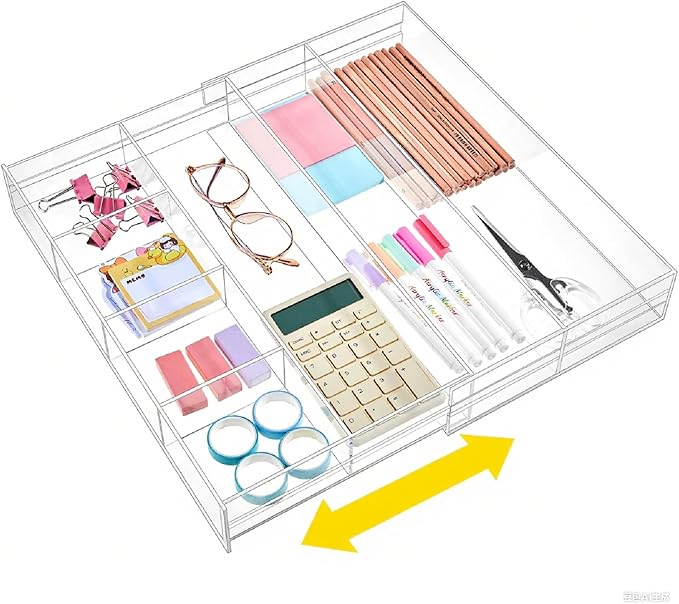 1 Pcs Acrylic Desk Drawer Organizer 12'' up to 16'' x 14.5'' x 2.2'' Expandable Drawer Organizer Trays with 7 Adjustable Compartments Clear Desk Accessories for Makeup Office Bathroom