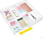 1 Pcs Acrylic Desk Drawer Organizer 12'' up to 16'' x 14.5'' x 2.2'' Expandable Drawer Organizer Trays with 7 Adjustable Compartments Clear Desk Accessories for Makeup Office Bathroom
