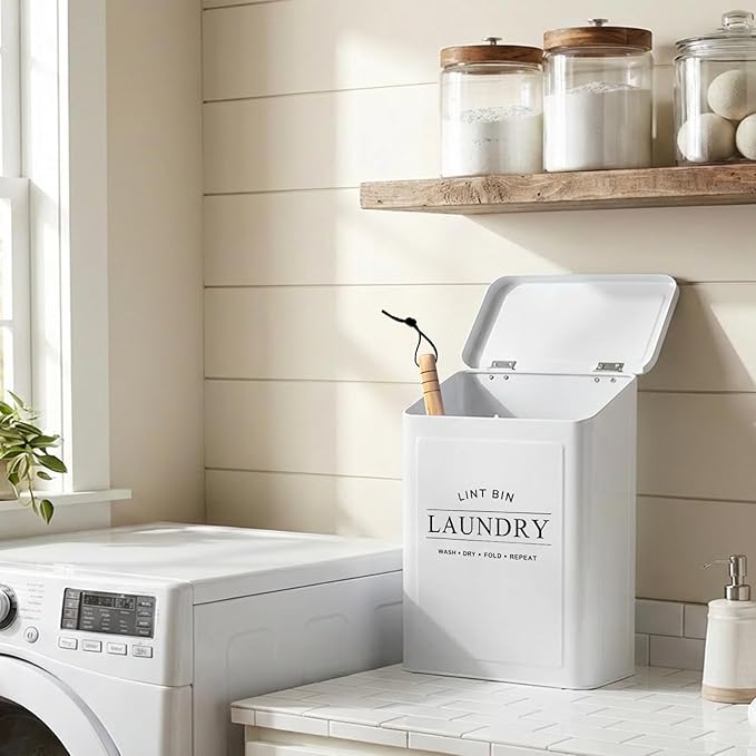 DreamsEden Laundry Lint Bin with Brush, Magnetic Wall Mount Container, 7 x 10 inch Steel Lint Collector 3.5L Storage Holder Organizer for Dryer Sheets Wool Balls Laundry Pods (White)