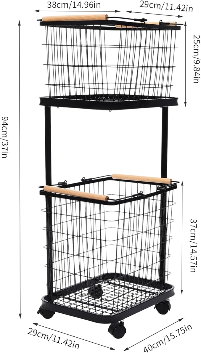 2 Tier Laundry Sorter,Metal Laundry Basket With Wheels,Vertical Rolling Laundry Cart for Bathroom Storage & Laundry Room