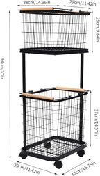 2 Tier Laundry Sorter,Metal Laundry Basket With Wheels,Vertical Rolling Laundry Cart for Bathroom Storage & Laundry Room