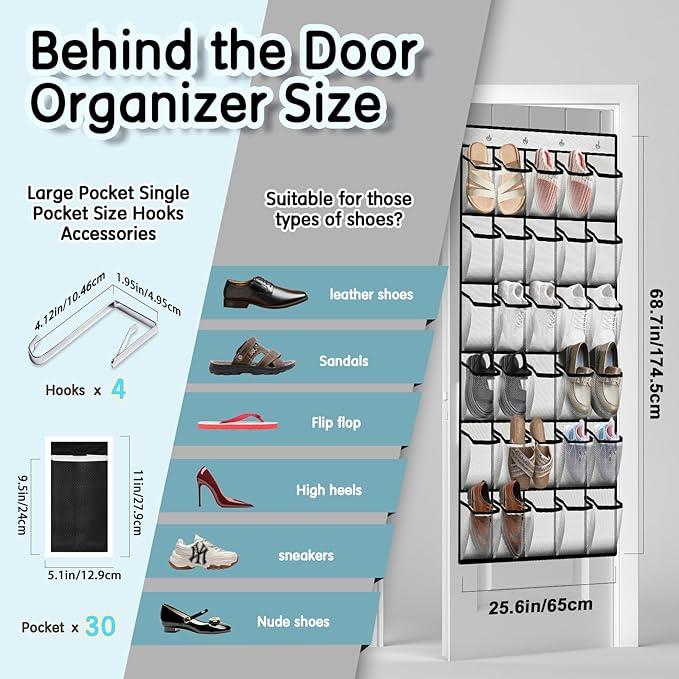 Over the Door Shoe Organizer with 30 Breathable Mesh Pockets - Large Capacity Closet Storage for Men & Women, Hanging Shoe Rack Organizer (White)