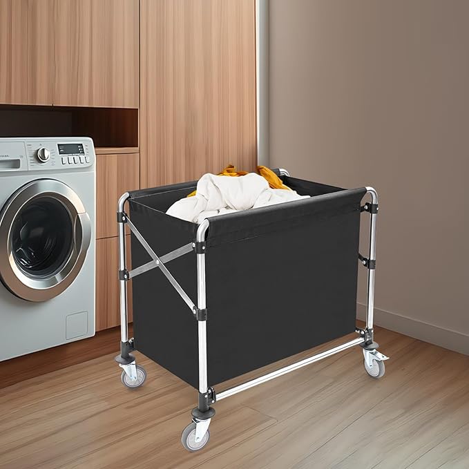 Commercial Laundry Cart with Wheels | Large Laundry Basket with Wheels | Foldable Laundry Hamper | Laundry Sorter for Clothes Storage | Ox Cloth | 440 lbs Load | 34.25x20.47x30.7in (Black)
