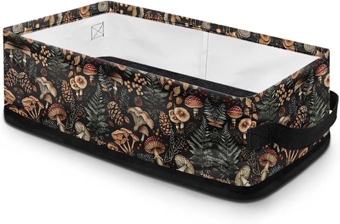 Storage Bins for Organizing Toiletries Foldable Organizer Rectangular Storage Basket for Bathroom Bedroom Office Home Accessories and Decor, Mushroom Leaf Black