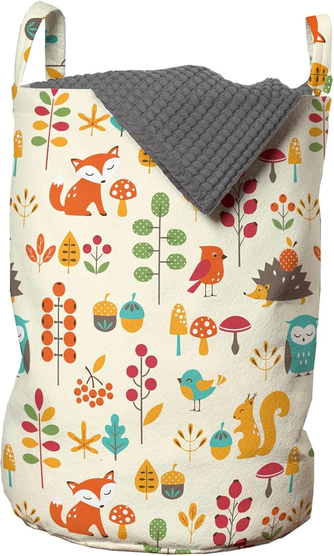 Ambesonne Cartoon Laundry Bag Pack of 2, Autumn Pattern Owl Fox Squirrel Birds Animal Leaves Print, Hamper Basket with Handles Drawstring Closure, 13" x 19", Cream Orange