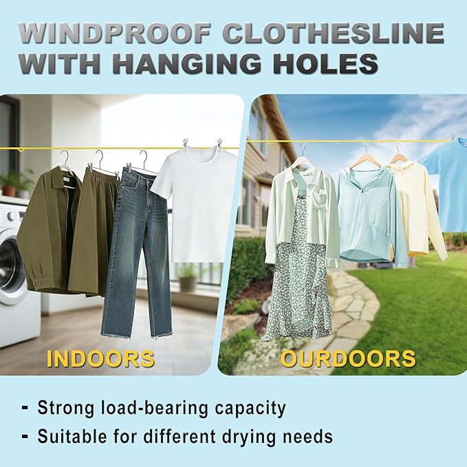 Portable Travel Clothesline, Windproof Clothes Laundry Line with Clothespins & Hang Holes, Indoor & Outdoor Clothes Drying Rope for Hotel, Backyard,Cruise Ships, Camping (Yellow, 16 Ft)