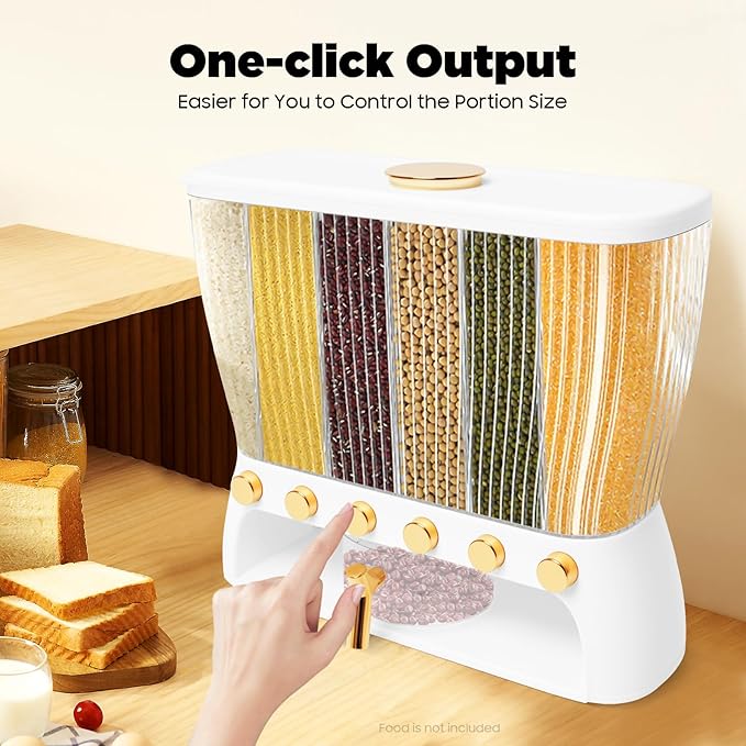 Cereal Dispenser, 6-grid Adjustable Compartment Size Grain Dispenser, 6 in 1 Clear Rice Dispenser w/ Hopper, 10kg/22.05lb Grain Storage Container, Sealed Granular Dry Food Dispenser, 16.54*6.5*14.17in