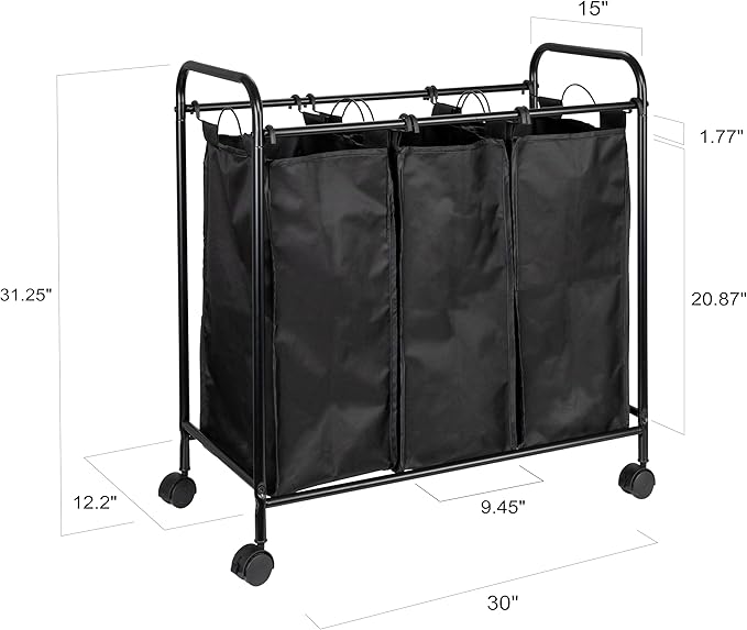 Household Essentials Rolling Triple Laundry Sorter, Black