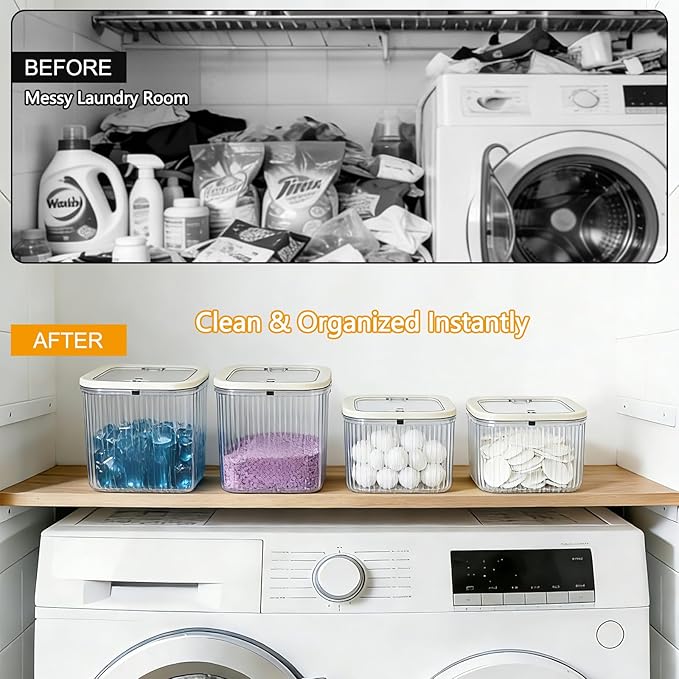 2 Pack Laundry Room Organization Containers, Clear Laundry Organizer & Laundry Pods Container for Pods & Powder, Laundry Room Organization and Storage with Dryer Sheet Holder