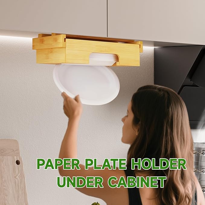 Paper Plate Dispenser Under Cabinet - 10 Inch Bamboo Paper Plate Dispenser, Kitchen Counter Vertical Holder Organizer Countertop Caddy (10 Inch Natural)