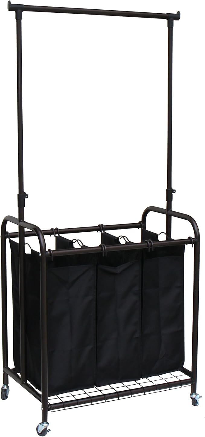Oceanstar TLS1385 3-Bag Rolling Adjustable Hanging Bar Laundry Sorter, Bronze
