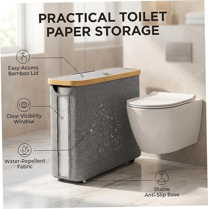 Toilet Paper Storage Basket with Lid Toilet Paper Storage with Lid 17.7x13.8x5.9 inch Waterproof Towel Free Standing Papers Container with Bamboo Frame and View Window