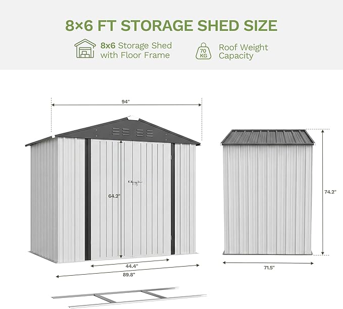 Devoko 8 x 6 FT Metal Storage Shed with Floor Frame Waterproof Garden Tool Shed with Lockable Door, Outdoor Shed Storage House for Backyard Patio Lawn, White