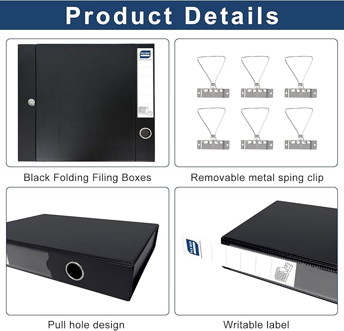 Storage File Boxes A4, 6 Pack Foldable File Box with Clip, 50mm Spine, Plastic Archives Cases with Magnetic Closure, Document File Folder Organizer Storage Filing Box for Office School, Black