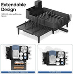 Expandable Dish Rack with Drainboard - Stainless Steel Dish Drainer with Removable Cutlery Tray, Foldable Cup Holder, Elevated Feet, Multifunctional Drainboard for Sink Countertop Kitchen Storage