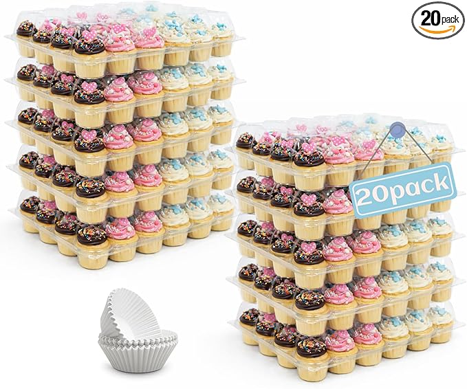 (24 Count x 20 Sets Plastic Cupcake Containers with Liners, Clear Cupcake Holder with Lids, Disposable Cupcake Carrier for Bakery, Cupcake Storage Box for Parties, Bake Sale Packaging