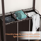 3-Section Laundry Sorter With Hanging Bar, Rolling Hamper Cart, Basket Organizer, Hanging Rack, Lockable Wheels and Removable Bags for Clothes Storage, Espresso