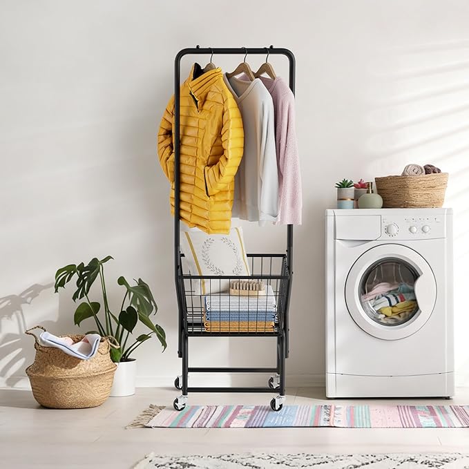 Rolling Laundry Cart with Wheels, Laundry Hamper Basket Organizer with Clothes Hanging Rack, Wire Storage Cloth Shelf Butler, Black