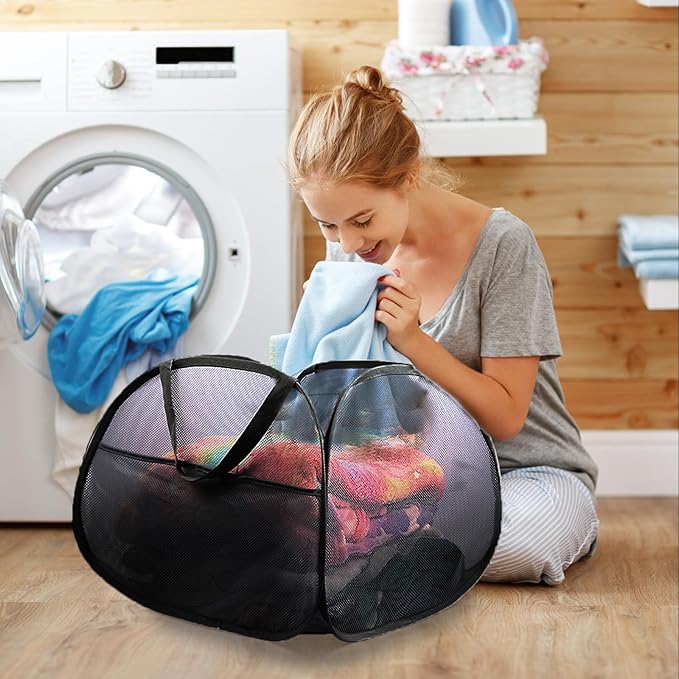 2 Pack Collapsible Laundry Baskets, 90L Large Foldable Laundry Basket, Durable Mesh Pop Up Hampers for Laundry, Dirty Clothes Laundry Hamper for Bedroom, Bathroom, Dorm, Laundry Room, Travel Black