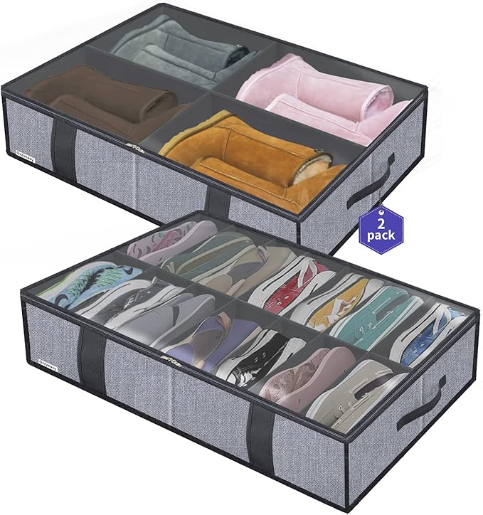Onlyeasy Under Bed Shoe Storage Organizers for Kids and Adults Fit 14 Pairs of Shoes & 4 Pairs of Boots, Sturdy Underbed Organizer with 2 Strong Zippers and 4 Handles, Linen-like Grey, MXDUBS14S4
