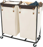 StorageWorks 390L Extra Large Laundry Hamper with Wheels, Laundry Basket with Wheels 2 Sections, Clothes Sorter Cart with Divider for Hotel, Home, Beige, 1-Pack