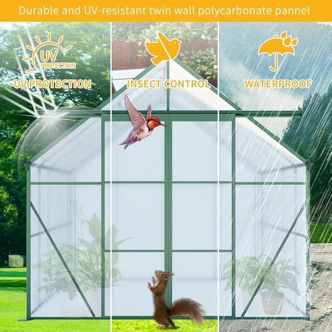 Heavy-Duty Walk-in Polycarbonate Greenhouse with Dual Sliding Doors, Adjustable Roof Ventilation, and Galvanized Steel Base for Year-Round Outdoor Gardening (Green 8*10FT)
