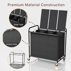 3-Compartment Laundry Cart with Lockable Wheels & Lid 180L Large Wheeled Laundry Basket Heavy-Duty Sorting Organizer for Laundry Room (Black)