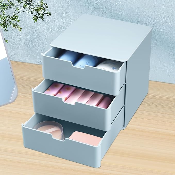 3-Drawer Vanity Organizer, Compact Storage Organization Drawers Blue