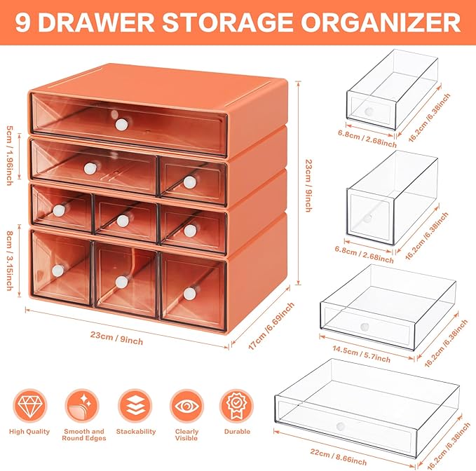 Desk Storage Organizer with 9 Drawers, 4 Tiers Stackable Desktop Craft Storage Drawers, Clear Storage Box Caddy for Stationary Makeup Jewelry Office Craft Supplies (Orange)