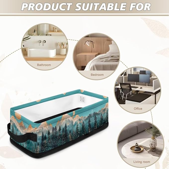 Storage Bins for Organizing Toiletries Foldable Organizer Rectangular Storage Basket for Bathroom Bedroom Office Home Accessories and Decor, Snow Mountain Moon Fir Tree Teal