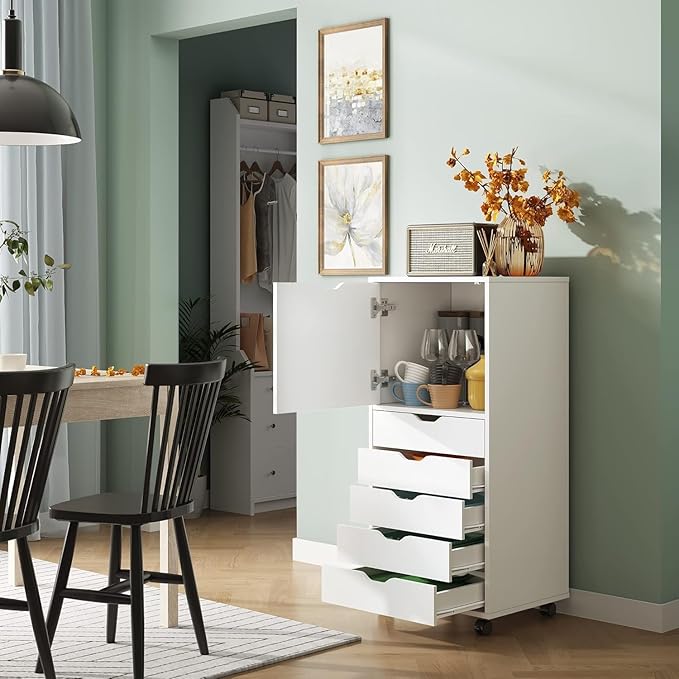 DEVAISE Wood File Drawers, Mobile Chest with 5 Drawer and 1 Door, Rolling Filing Drawer for Home Office, White